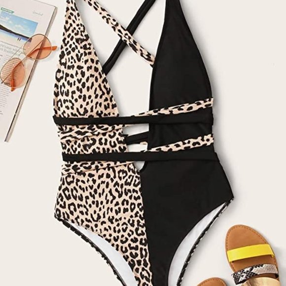 Sexy Deep V Neck Leopard Print Swimsuit Size Mediu